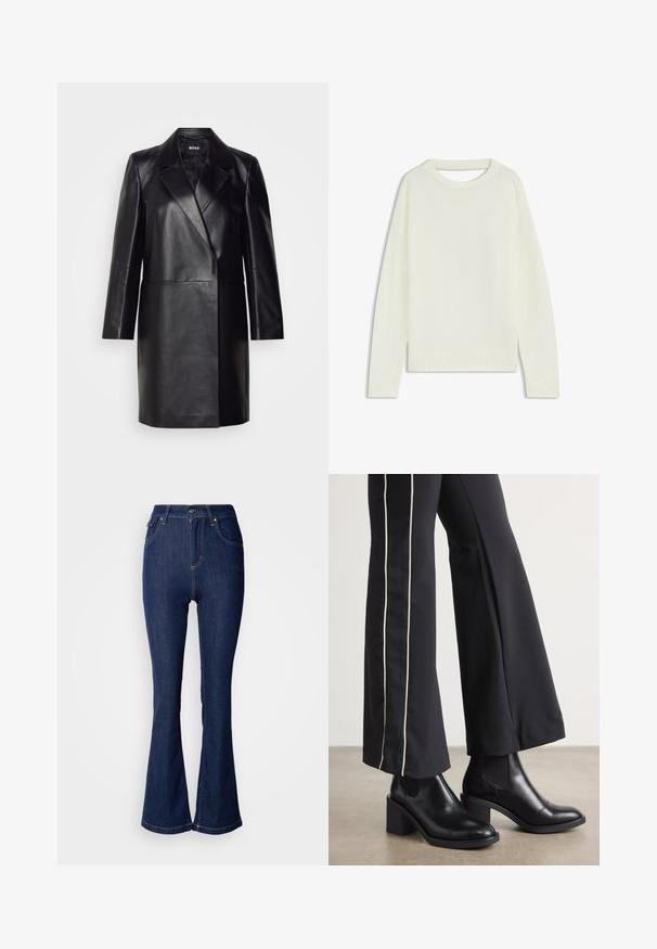 Czarna skórzana marynarka z wyprofilowanym kołnierzem, jednolitym zapięciem na guzik i długimi rękawami. Posiada gładką fakturę i dopasowany krój.; Jasny sweter z okrągłym dekoltem, długimi rękawami, prążkowanym wykończeniem i miękką teksturą. Bez wzorów ani widocznych detali metalowych.; Ciemnoniebieskie dżinsy w stylu dzwonów z wysokim stanem, z przednimi kieszeniami, kontrastowymi szwami oraz zapięciem na guziki.; Czarne skórzane botki za kostkę na słupku, z elastycznymi panelami po bokach. Połączone z czarnymi spodniami z białym paskiem po boku.