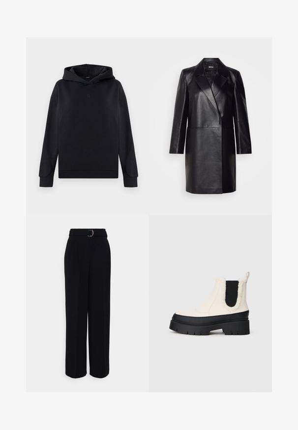 Svart läderblazer med snedskuren krage, enkel knappstängning och långa ärmar. Har en mjuk текстur och skräddarsydd passform.; Svart huvtröja i bomullsmaterial. Har en avslappnad passform, långa ärmar och en liten logotyp i mitten. Slät yta.; Svarta skräddarsydda byxor med vida ben, utrustade med ett bälte med silverfärgad spänne, veck och en slät tygstruktur.; Tjocka plattform ankle boots med vit ovandel, svart gummisula och kontrasterande svarta elastiska sidopaneler. Konstgjord päls trim vid toppkanten.