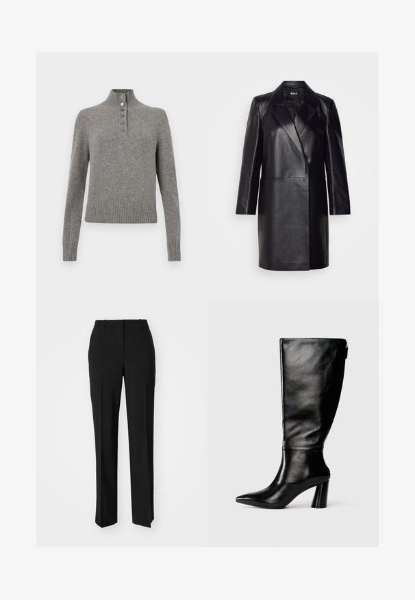 Blazer en cuir noir avec un col cranté, fermeture à un bouton et manches longues. Présente une texture lisse et une coupe ajustée.; Pull en maille gris avec un col montant côtelé, doté d'une patte de boutonnage partielle et d'une finition côtelée aux ourlets et aux poignets pour un look ajusté.; Pantalon noir ajusté avec une coupe droite, présentant une texture lisse et des plis nets sur le devant. Aucune quincaillerie visible.; Botte en cuir noir à hauteur de genoux avec un bout pointu, une texture lisse et un talon épais. Elle présente un zip à l'arrière.
