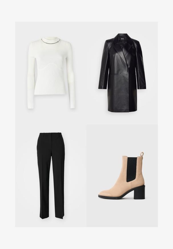 Crna kožna blazer jakna s rebrastim ovratnikom, zatvaranjem na jedan gumb i dugim rukavima. Ima glatku teksturu i kroj prilagođen tijelu.; Bijela dugoslojna majica od pletiva s rebrastom teksturom, koja ima valoviti uzorak na prsima i srebrni lanac kao naglasak na izrezu.; Crne krojene hlače ravnog kroja, s glatkom teksturom i oštrim pregibima naprijed. Bez vidljivih metalnih dijelova.; Bež antilop čizmica do gležnja s blok-petom, koja ima crni elastični umetak i petu za povlačenje straga. Glatka tekstura i oblik zaobljenog prsta.