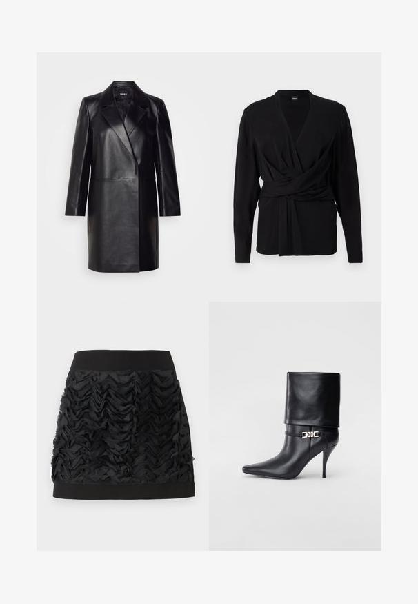 Blazer din piele neagră cu guler decupat, închidere cu un singur nasture și mâneci lungi. Prezintă o textură netedă și o croială ajustată.; Top negru cu mâneci lungi, fabricat dintr-un material moale, având un guler în V și o curea legată ce accentuează talia. Textură netedă.; Fustă mini neagră cu un front din chiffon încrețit, având un talie neagră netedă. Încrețiturile creează textură și mișcare.; Botine negre din piele, cu vârf ascuțit, toc înalt și subțire, cu manșetă pliată și un detaliu decorativ cu cataramă aurie la gleznă.