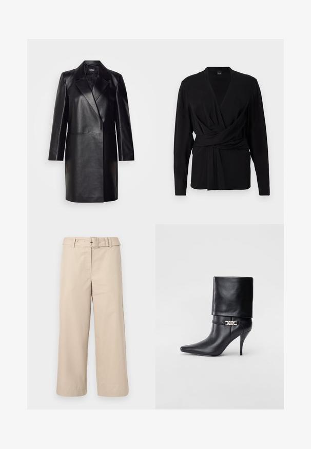Mustmustnahkblazer, millel on klappkrae, ühe nupuga kinnitamine ja pikad varrukad. Omab siledat tekstuuri ja kohandatud lõiget.; Must valge pehmest kangast, millel on pikad varrukad, V-kujuline kaelus ja seotud vöö, mis rõhutab talje. Sile tekstuur.; Beežid, laiad püksid, mis on valmistatud siledast kangast. Omavad vöödiga taljet ja kahte küljetaskut. Puhtad õmblused ja viimistletud serv.; Mustad nahast pahkluu saapad terava nina, kõrge stilettokanna, volditud äärega ja kuldse dekoratiivse pandlaga pahkluul.