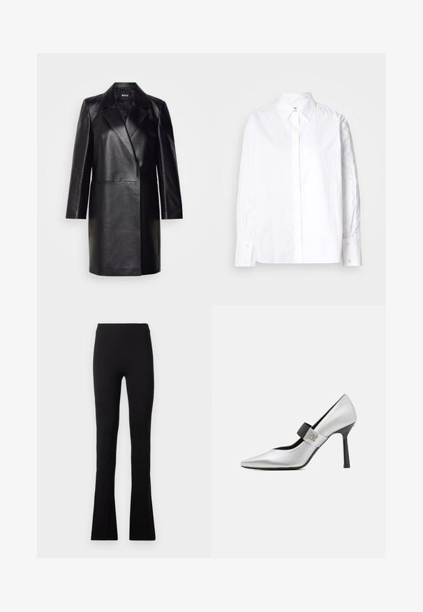 Juodas odinis švarkas su įpjovimu ant apykaklės, vienu mygtuku užsegamas ir ilgomis rankovėmis. Yra lygus paviršius ir pritaikytas siluetas.; Balta marškiniai su klasikine apykakle, ilgomis rankovėmis ir įsagstomais riešais. Pagaminti iš lygaus audinio, turi centrą priekio apdailą.; Juodos leggingai su lygiu, elastingu audiniu. Yra aukštas juosmuo ir platėjantis apačios dizainas, kuris sukuria prigludusią siluetą.; Sidabrinė odinė aukštakulnių batų pora su smailiu pirštu, juodu dirželiu akcentu ir blizgiu paviršiumi, turinti aptakų siluetą ir ploną kulną.