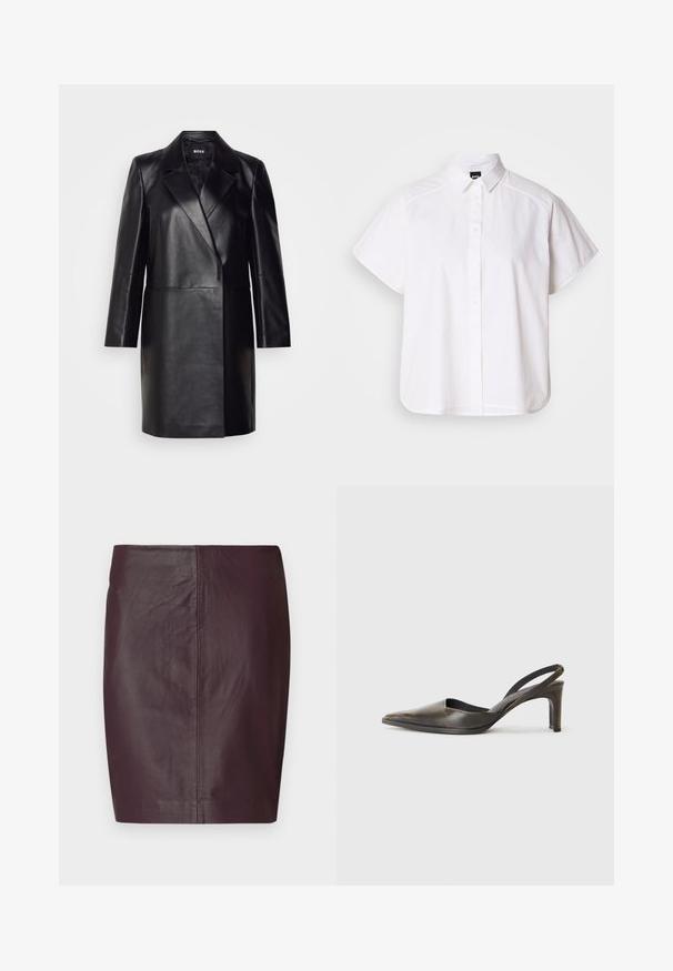 Schwarze Lederblazer mit Reverskragen, einer einzigen Knopfverschluss und langen Ärmeln. Bietet eine glatte Textur und eine taillierte Passform.; Weißes kurzärmliges Hemd mit Knopfleiste, spitzem Kragen und abgerundetem Saum. Hergestellt aus Baumwolle mit glatter Textur und ohne sichtbare Muster.; Dunkelburgunderfarbene Lederrock mit glatter Textur, tailliertem Design und geradem Schnitt. Verfügt über minimale Nähte und keine sichtbaren Beschläge.; Spitze Slingback-Pumps aus dunkelbraunem Leder mit glatter Textur, ausgestattet mit einem schmalen Riemen und einem Mittelhohen Stiletto-Absatz.