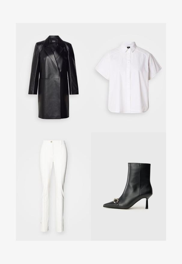 Schwarze Lederblazer mit Reverskragen, einer einzigen Knopfverschluss und langen Ärmeln. Bietet eine glatte Textur und eine taillierte Passform.; Weißes kurzärmliges Hemd mit Knopfleiste, spitzem Kragen und abgerundetem Saum. Hergestellt aus Baumwolle mit glatter Textur und ohne sichtbare Muster.; Weiße maßgeschneiderte Hosen mit einem eleganten Design, aus glattem Stoff gefertigt. Mit einem Reißverschluss und subtilen goldenen Akzenten am Bund.; Schwarze Leder-Stiefelette mit spitzer Zehe, schlankem, mittelhohem Absatz und silberner Schnalle seitlich vor einem schlichten Hintergrund.