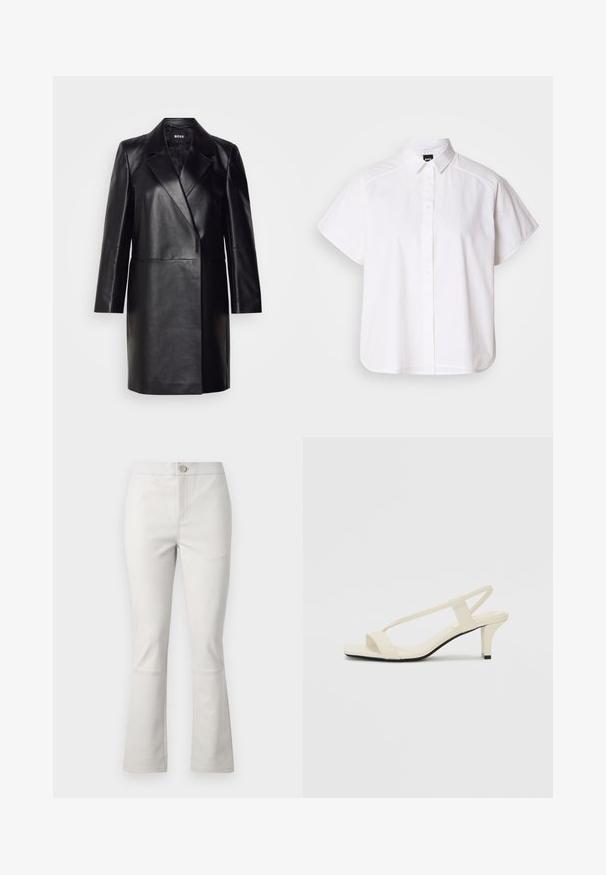 Schwarze Lederblazer mit Reverskragen, einer einzigen Knopfverschluss und langen Ärmeln. Bietet eine glatte Textur und eine taillierte Passform.; Weißes kurzärmliges Hemd mit Knopfleiste, spitzem Kragen und abgerundetem Saum. Hergestellt aus Baumwolle mit glatter Textur und ohne sichtbare Muster.; Hellgraue, ausgestellte Hose aus Baumwollmischung. Mit Fronttaschen, einem Knopfverschluss und subtilen Steppnähten entlang der Nähte.; Beige Blockabsatzsandalen mit dünnen Riemen und quadrater Spitze. Glattes Material mit minimalem Design, entworfen für einfaches Tragen.