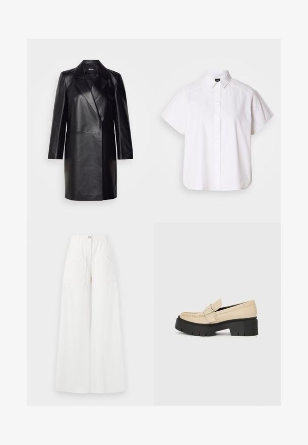 Black leather blazer with a notched collar, single button closure, and long sleeves. Features smooth texture and tailored fit.; White short-sleeve button-up shirt with a pointed collar and curved hem. Made from cotton with a smooth texture and no visible patterns.; White linen wide-leg pants with a high waist, large front pockets, and a single button closure. Soft texture with a relaxed fit.; Beige leather loafers with black chunky sole, featuring a decorative buckle and stitching detail on the front. Side view.