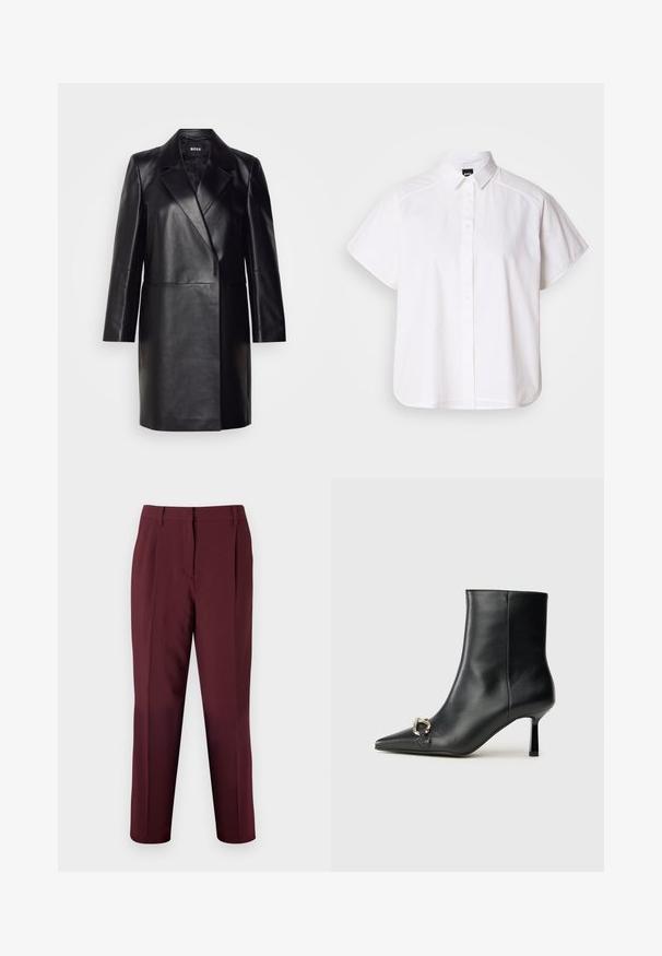Schwarze Lederblazer mit Reverskragen, einer einzigen Knopfverschluss und langen Ärmeln. Bietet eine glatte Textur und eine taillierte Passform.; Weißes kurzärmliges Hemd mit Knopfleiste, spitzem Kragen und abgerundetem Saum. Hergestellt aus Baumwolle mit glatter Textur und ohne sichtbare Muster.; Bruuns Bazaar CINDYSUS DAGNY - Stoffhose - sassafras; Schwarze Leder-Stiefelette mit spitzer Zehe, schlankem, mittelhohem Absatz und silberner Schnalle seitlich vor einem schlichten Hintergrund.
