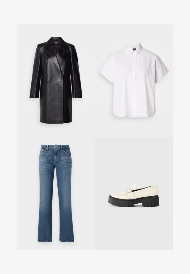 Melna ādas bleizera ar iegriezto apkakli, vienu pogu un garām piedurknēm. Iezīmē gludu tekstūru un piegriezumu, kas pielāgots figūrai.; Balta īsajām piedurknēm krekls ar pogām un norādītu apkakli, kā arī viļņotu apakšmalu. Izgatavots no kokvilnas ar gludu tekstūru un bez redzamām rakstām.; Zili džinsi ar izteiktu platu kāju dizainu, piecu kabatu stilu un priekšējo pogu aizdari, ar vidēju jostas augstumu un izbalējušu finišu.; Baltā ādas loafera ar masīvu melnu platformu, ar taisnstūra sudraba sprādzi un redzamām šuvām augšējā daļā.