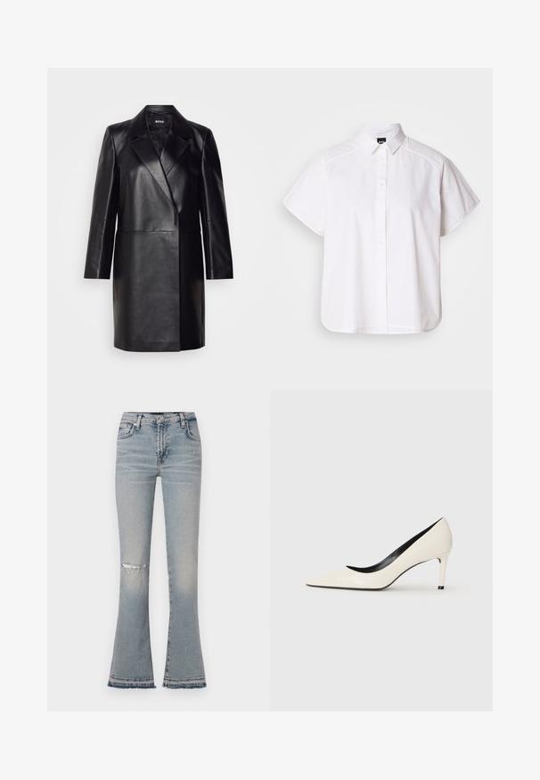 Schwarze Lederblazer mit Reverskragen, einer einzigen Knopfverschluss und langen Ärmeln. Bietet eine glatte Textur und eine taillierte Passform.; Weißes kurzärmliges Hemd mit Knopfleiste, spitzem Kragen und abgerundetem Saum. Hergestellt aus Baumwolle mit glatter Textur und ohne sichtbare Muster.; Helle blaue, weit geschnittene Jeans mit einem ausgefransten Knie, fünf Taschen und einem fransigen Saum. Hergestellt aus Denimstoff, mit einem mittelhohen Bund.; Weiße Lackleder-Pump mit hohen Absätzen, spitzem Zehenbereich, schlankem Absatz und schwarzer Innenausstattung. Glatte Textur und elegantes Design.