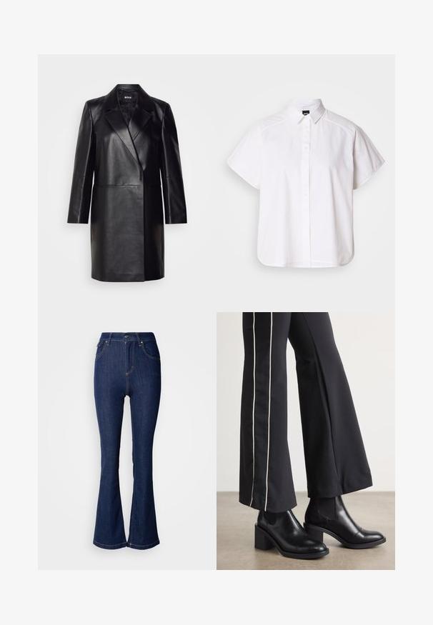 Čierna kožená sako so zubatým golierom, jedným gombíkom na zapínanie a dlhými rukávmi. Vyznačuje sa hladkým povrchom a prispôsobeným strihom.; Biela krátka košeľa s krátkym rukávom a výstrihom do špica, s oblým lemom. Vyrobená z bavlny s hladkou textúrou a bez viditeľných vzorov.; Tmavomodré rozšírené džínsy z denimu s vysokým pásom, prednými vreckami, kontrastným stehom a zapínaním na gombíky.; Čierne kožené členkové topánky s blokovým podpätkom, vybavené elastickými bočnými panelmi. Skombinované s čiernymi nohavicami, ktoré majú biely bočný pruh.