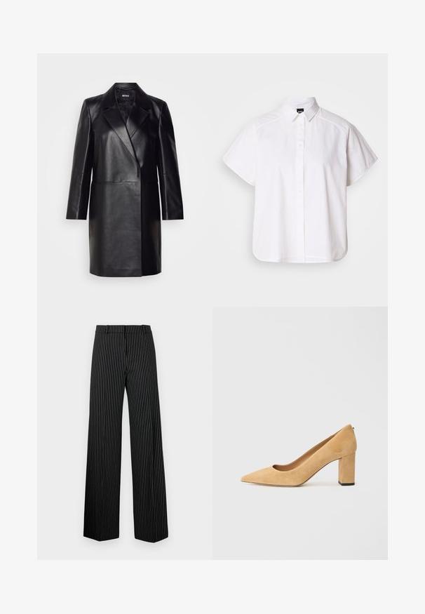 Schwarze Lederblazer mit Reverskragen, einer einzigen Knopfverschluss und langen Ärmeln. Bietet eine glatte Textur und eine taillierte Passform.; Weißes kurzärmliges Hemd mit Knopfleiste, spitzem Kragen und abgerundetem Saum. Hergestellt aus Baumwolle mit glatter Textur und ohne sichtbare Muster.; Schwarze weite Hose mit weißen vertikalen Streifen. Sie verfügt über einen flachen Bund und gerade Säume und besteht aus einem glatten, leichten Material.; Beige Wildleder-Pumps mit hohem Absatz, spitz zulaufend und mit einem klobigen Blockabsatz. Das Material hat eine weiche Textur mit einer glatten Oberfläche.