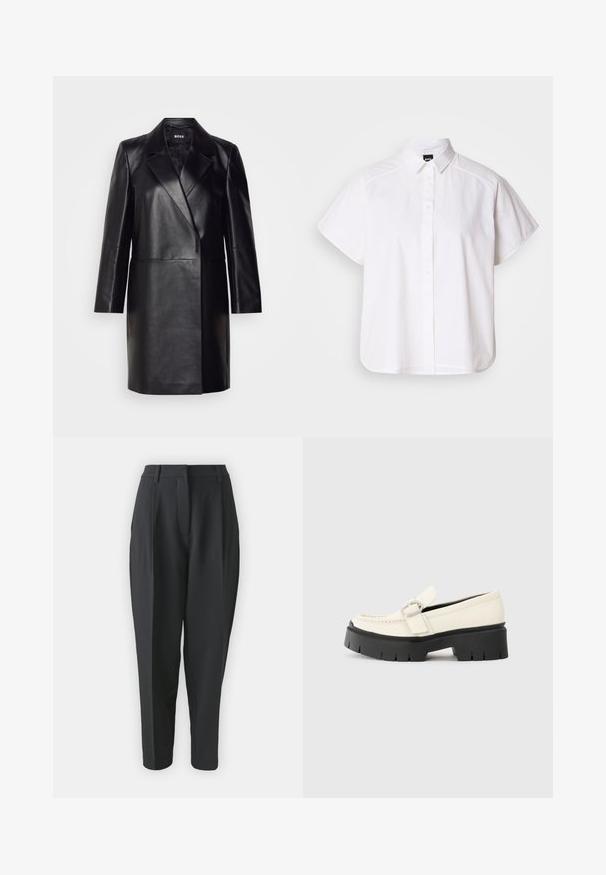Fekete bőr blézer, hajtott gallérral, egygombos záródással és hosszú ujjal. Simaság jellemzi, és testre szabott fazonú.; Fehér, rövid ujjú, gombos ing, hegyes gallérral és ívelt alsó résszel. Pamutból készült, sima textúrával és látható minták nélkül.; Fekete, magas derekú, pleátkos női nadrág, amelyek szűkülő fazonúak. Simább anyag, látható minták vagy díszítések nélkül.; Fehér bőr lófarok, vastag fekete platform talppal, téglalap alakú ezüst csattal és látható varrás részletekkel a felső részen.