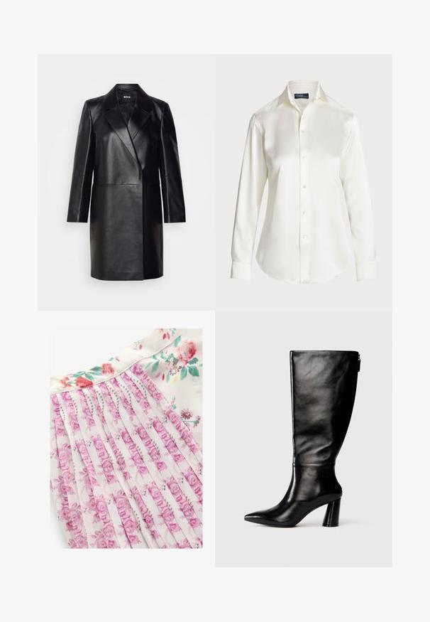 Črna usnjena blazerjakna z izrezanim ovratnikom, zapiranjem na en gumb in dolgimi rokavi. Ima gladko teksturo in prilegajoč kroj.; Bela dolgimi rokavi gumbasta srajca, izdelana iz gladkega materiala, z klasičnim ovratnikom in rahlim sijajem, okroglo krojena z gumbnimi detajli.; Cvetna obleka z belo podlago in rožnatimi ter zelenimi cvetličnimi vzorci, nagubana zasnova in gladka tekstura tkanine.; Črne usnjene škornje do kolen s koničastim nosom, gladko teksturo in debelim peto. Imajo zadrgo na hrbtni strani.