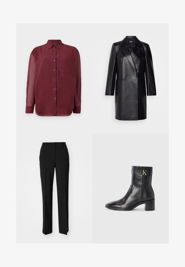 Zwarte leren blazer met een geknopt kraagje, sluiting met één knoop en lange mouwen. Kenmerkt zich door een zachte textuur en een professionele pasvorm.; Bourgondische knoop-shirt met een puntige kraag, lange doorzichtige mouwen, een borstzak en zilverkleurige knopen. Glad stoftextuur.; Zwarte op maat gemaakte broek met een recht model, voorzien van een soepele textuur en scherpe plooien aan de voorkant. Geen zichtbare hardware.; Zwarte leren enkellaars met een spitse neus, blokhak en een bandje met een metallic logo. Gladde textuur en minimalistisch ontwerp.