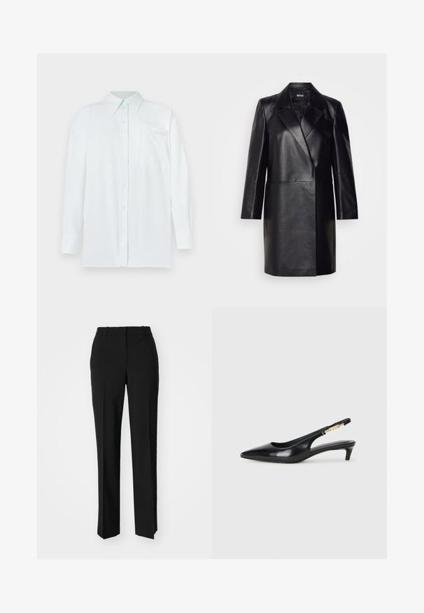 Črna usnjena blazerjakna z izrezanim ovratnikom, zapiranjem na en gumb in dolgimi rokavi. Ima gladko teksturo in prilegajoč kroj.; Svetlo modra srajca z gumbi in ovratnikom, dolgimi rokavi ter žepom na prsih. Tkanina se zdi gladka z subtilno teksturo; ima rumene gumbe.; Črne krojene hlače s direktnim krojem, ki se ponašajo z gladko teksturo in ostrimi pregibi spredaj. Ni vidne kovine.; Črne usnjene sandale na peto z ostro konico, ki imajo tanko peto in zlat ton na nastavljivem traku. Gladka tekstura.