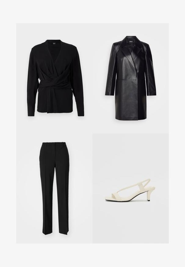 Mustmustnahkblazer, millel on klappkrae, ühe nupuga kinnitamine ja pikad varrukad. Omab siledat tekstuuri ja kohandatud lõiget.; Must valge pehmest kangast, millel on pikad varrukad, V-kujuline kaelus ja seotud vöö, mis rõhutab talje. Sile tekstuur.; Mustad ja sirged püksid, millel on sile tekstuur ja teravad voldid esiosas. Ilma nähtavate detailideta.; Beez blok-kandadesed õhukeste rihmadega ja ruudukujulise varbaga. Sile materjal minimaalsete detailidega, kujundatud mugavaks kandmiseks.