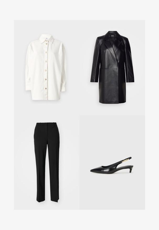 Czarna skórzana marynarka z wyprofilowanym kołnierzem, jednolitym zapięciem na guzik i długimi rękawami. Posiada gładką fakturę i dopasowany krój.; Biała koszula zapinana na guziki, wykonana z miękkiego materiału, z klasycznym kołnierzykiem, przednim zapięciem na okrągłe guziki oraz długimi rękawami z mankietami.; Czarne spodnie o dopasowanym kroju z prostymi nogawkami, o gładkiej fakturze i wyraźnych zagięciach z przodu. Bez widocznych elementów metalowych.; Czarne skórzane szpilki typu slingback z ostrym noskiem, posiadające smukły obcas i złoty akcent na regulowanym pasku. Gładka tekstura.