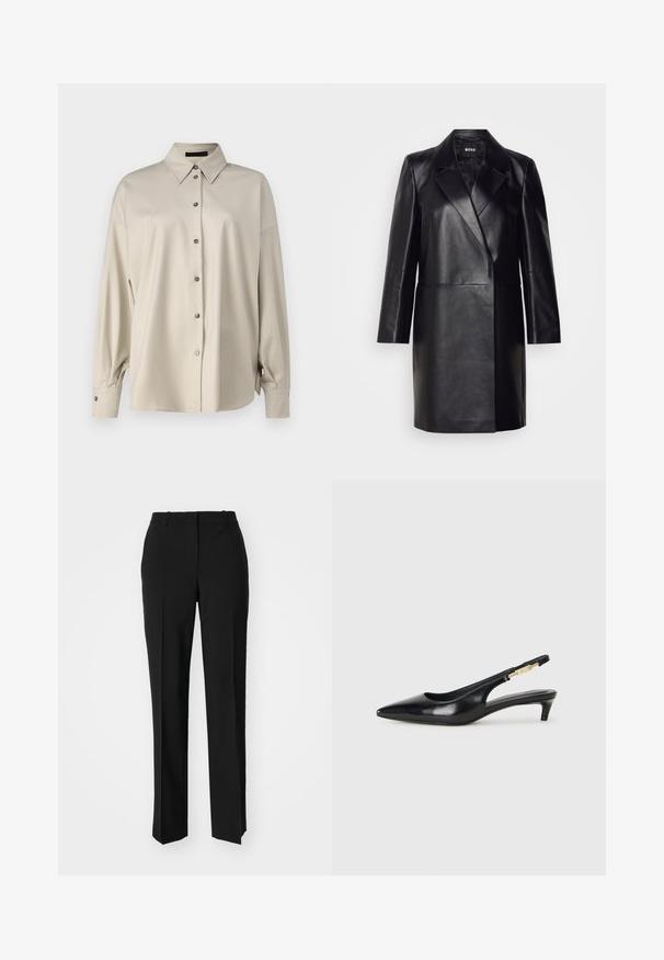 Black leather blazer with a notched collar, single button closure, and long sleeves. Features smooth texture and tailored fit.; DRYKORN LYSILA - Button-down blouse - brown; Black tailored trousers with a straight-leg design, featuring a smooth texture and crisp creases along the front. No visible hardware.; Black leather slingback heels with a pointed toe, featuring a slim heel and a gold-tone accent on the adjustable strap. Smooth texture.