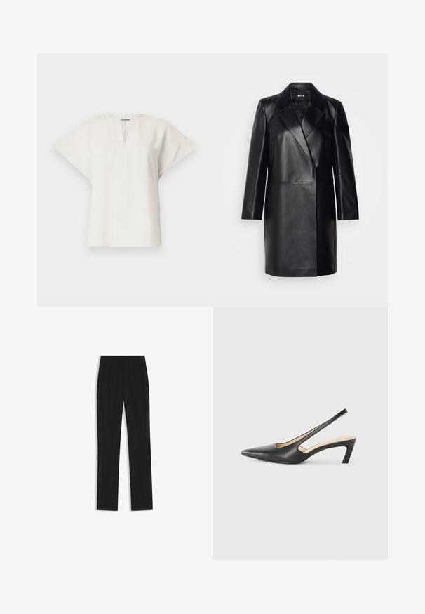 Blazer en cuir noir avec un col cranté, fermeture à un bouton et manches longues. Présente une texture lisse et une coupe ajustée.; Haut blanc à manches courtes avec un décolleté en V et une silhouette décontractée. Tissu lisse avec un éclat subtil et fentes latérales pour un confort de mouvement.; Pantalon noir ajusté avec une coupe droite, doté de poches avant et d'un tissu lisse et texturé. Détails soignés et minimalistes.; Slingback noir à bout pointu avec un petit talon, en cuir lisse et doté d'un design découpé sur le côté pour plus de respirabilité.