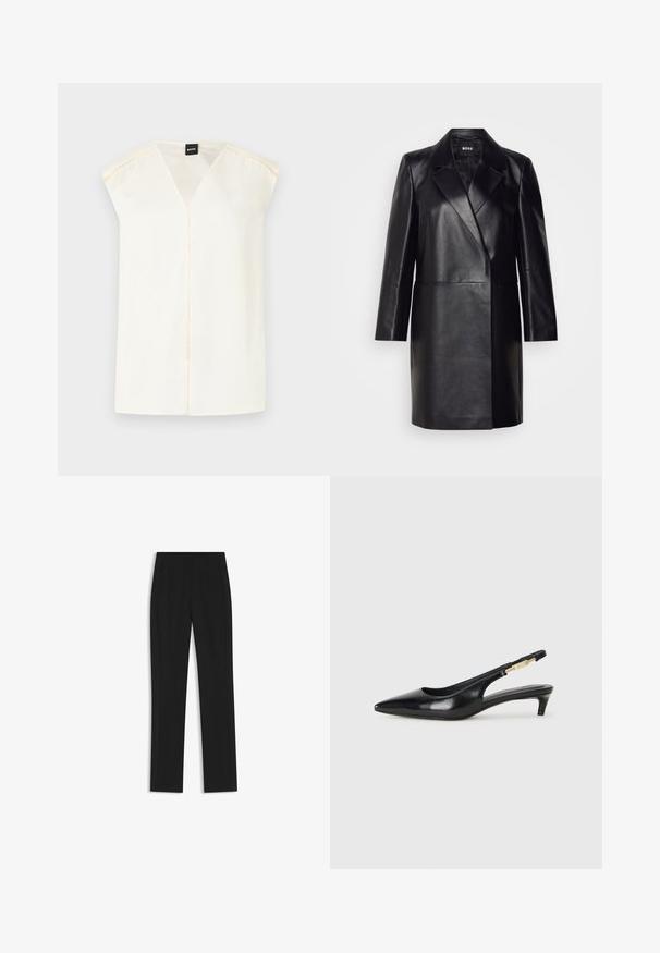 Giacca in pelle nera con colletto a revers, chiusura con un solo bottone e maniche lunghe. Presenta una texture liscia e una vestibilità sartoriale.; Top crema con scollatura a V e maniche a cappuccio, realizzato in tessuto morbido. Presenta una cucitura centrale e un delicato dettaglio di cucitura lungo le cuciture delle spalle.; Pantaloni neri su misura con un design a gamba dritta, dotati di tasche frontali e un tessuto liscio e strutturato. Dettagli ordinati e minimalisti.; Tacchi slingback in pelle nera con punta affusolata, caratterizzati da un tacco alto e un accento dorato sulla cinghia regolabile. Texture liscia.