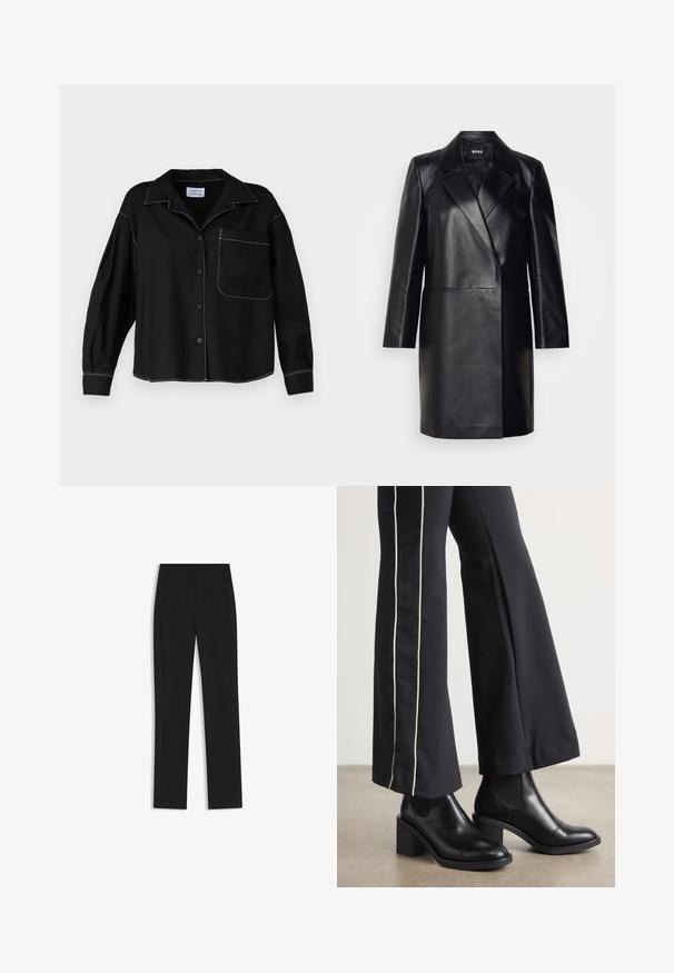 Giacca in pelle nera con colletto a revers, chiusura con un solo bottone e maniche lunghe. Presenta una texture liscia e una vestibilità sartoriale.; Camicia nera con colletto, maniche lunghe e taschino. Cuciture bianche a contrasto lungo le cuciture. Tessuto dalla consistenza liscia.; Pantaloni neri su misura con un design a gamba dritta, dotati di tasche frontali e un tessuto liscio e strutturato. Dettagli ordinati e minimalisti.; Stivaletti in pelle nera con tacco a blocco, dotati di pannelli elastici sui lati. Abbinati a pantaloni neri con una striscia bianca laterale.