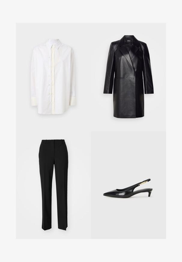 Blazer de cuero negro con solapa muesca, cierre de un solo botón y mangas largas. Presenta una textura suave y un ajuste entallado.; Camisa blanca de algodón con cuello puntiagudo, tapeta frontal, mangas largas y acentos en crema claro en los puños y las áreas de los botones.; Pantalones negros ajustados con un diseño de pierna recta, que presentan una textura suave y pliegues nítidos en el frente. Sin herrajes visibles.; Tacones negros de piel sintética tipo slingback con punta afilada, que cuentan con un tacón delgado y un detalle en tono dorado en la correa ajustable. Textura suave.