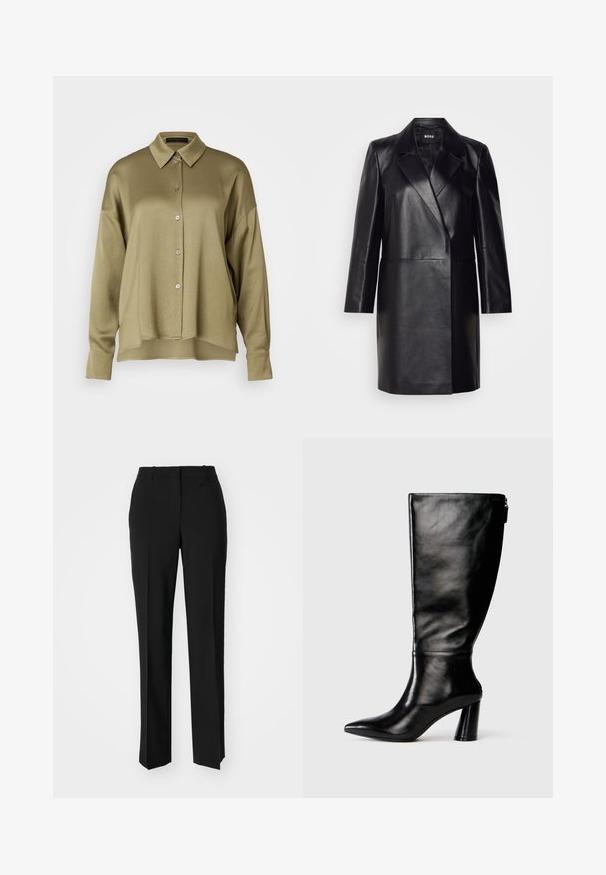 Črna usnjena blazerjakna z izrezanim ovratnikom, zapiranjem na en gumb in dolgimi rokavi. Ima gladko teksturo in prilegajoč kroj.; DRYKORN CLOELIA - Bluza z gumbi - green; Črne krojene hlače s direktnim krojem, ki se ponašajo z gladko teksturo in ostrimi pregibi spredaj. Ni vidne kovine.; Črne usnjene škornje do kolen s koničastim nosom, gladko teksturo in debelim peto. Imajo zadrgo na hrbtni strani.