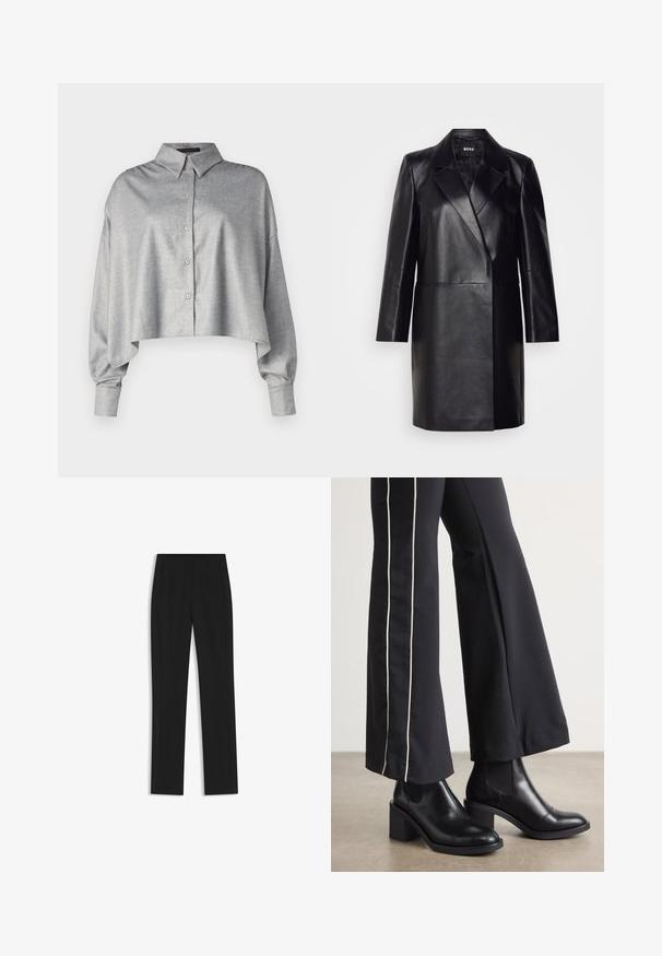 Black leather blazer with a notched collar, single button closure, and long sleeves. Features smooth texture and tailored fit.; Cropped gray button-up shirt with a collared neck, long sleeves, and a relaxed fit. Smooth fabric with subtle texture and rounded hem.; Black tailored trousers with a straight-leg design, featuring front pockets and a smooth, textured fabric. Neat, minimal detailing.; Black leather ankle boots with a block heel, featuring elastic side panels. Paired with black pants that have a white side stripe.