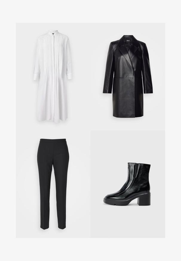 Schwarze Lederblazer mit Reverskragen, einer einzigen Knopfverschluss und langen Ärmeln. Bietet eine glatte Textur und eine taillierte Passform.; Weißes, langärmliges Hemdkleid mit Kragen, Faltenfront und Knopfverschluss, aus glattem Stoff. Minimalistisches Design.; Schwarze, maßgeschneiderte Hosen mit glatter Textur, schmalem Schnitt und flachem Bund. Keine sichtbare Hardware; die Nähte erzeugen eine schlanke Silhouette.; Schwarze Lackleder-Stiefeletten mit einer geschwungenen Zehenpartie, elastischen Seiteneinsätzen und einem klobigen Blockabsatz. Mit geprägtem Logo auf der Rückseite.