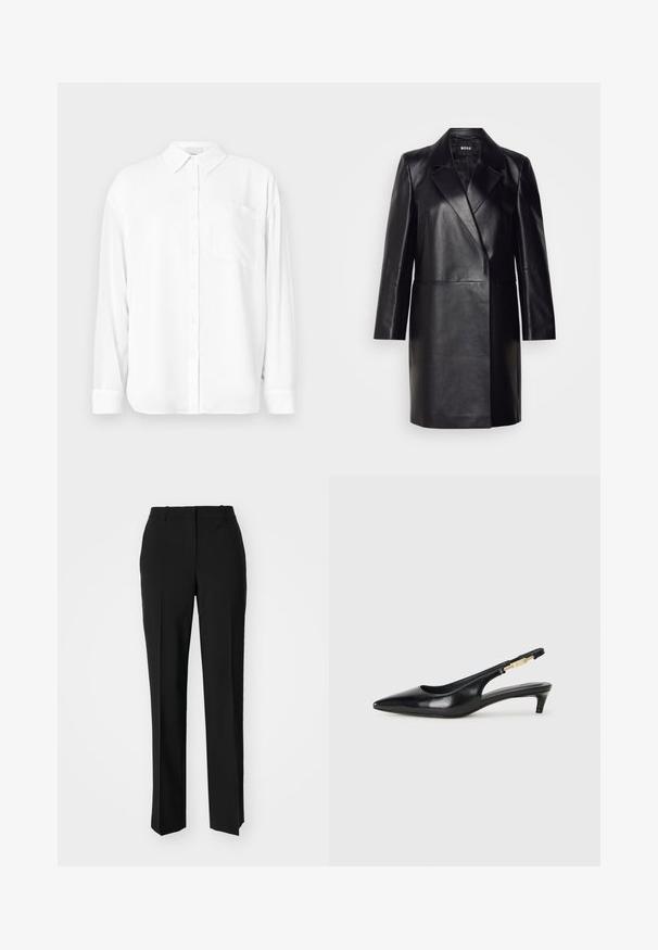 Crna kožna blazer jakna s rebrastim ovratnikom, zatvaranjem na jedan gumb i dugim rukavima. Ima glatku teksturu i kroj prilagođen tijelu.; Bijela košulja dugih rukava od glatkog materijala, s klasičnim ovratnikom, prednjim dugmadi i džepom na lijevoj strani prsiju.; Crne krojene hlače ravnog kroja, s glatkom teksturom i oštrim pregibima naprijed. Bez vidljivih metalnih dijelova.; Crne kožne sandale s petom, s izduženim vrhom, imaju usku petu i zlatni akcent na podesivoj traci. Glatka tekstura.