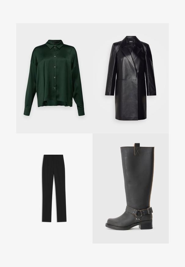 Blazer de cuero negro con solapa muesca, cierre de un solo botón y mangas largas. Presenta una textura suave y un ajuste entallado.; DRYKORN CLOELIA - Blusa - green; Pantalones de traje negros con un diseño de pierna recta, que cuentan con bolsillos delanteros y una tela suave y texturizada. Detalles limpios y minimalistas.; Bota de cuero negro hasta la rodilla con un acabado texturizado, que presenta un acento de hebilla lateral y un tacón bajo. Costura detallada a lo largo de las costuras.