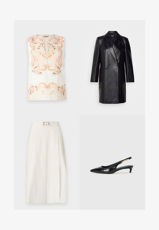 Črna usnjena blazerjakna z izrezanim ovratnikom, zapiranjem na en gumb in dolgimi rokavi. Ima gladko teksturo in prilegajoč kroj.; Top brez rokavov iz lahkotnega materiala. Ima mehke roza in bež cvetne vzorce, okroglo izreznico in valovit rob ob ramenih.; Široke hlače iz belega bombažnega blaga. Imajo visok pas z naborkom spredaj in detajlom metalne zaponke. Gladka tekstura.; Črne usnjene sandale na peto z ostro konico, ki imajo tanko peto in zlat ton na nastavljivem traku. Gladka tekstura.