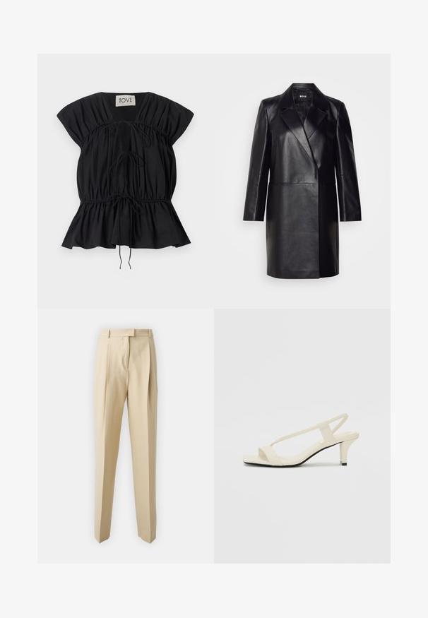 Sorte læderjakke med slagkrave, enkelt knaplukning og lange ærmer. Har en glat tekstur og en skræddersyet pasform.; Sort kortermet bluse med samlede detaljer, justerbare snore i livet og en svajet kant. Fremstillet af glat, letvægtsstof.; Beige skrædderbukser med lige snit, der har læg, en taljeværdig og en glat tekstur. Ingen synlige lommer eller udsmykninger.; Beige blokhælede sandaler med tynde remme og en firkantet tå. Glat materiale med minimal detaljering, designet til nem brug.