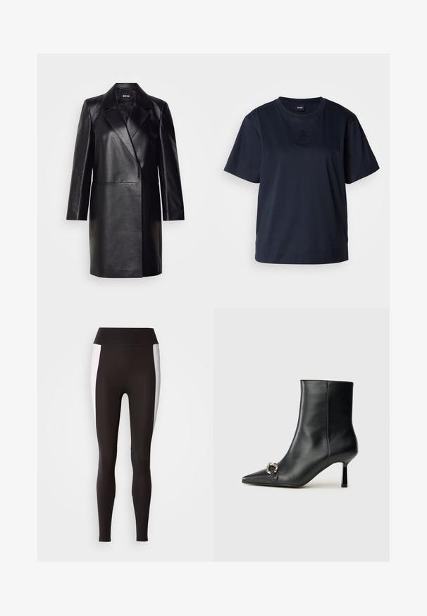 Črna usnjena blazerjakna z izrezanim ovratnikom, zapiranjem na en gumb in dolgimi rokavi. Ima gladko teksturo in prilegajoč kroj.; Temno modra kratka majica s kratkimi rokavi, izdelana iz mehke bombažne tkanine. Ima okroglo ovratnico in subtilno vezeno logo na prsih.; Črne legice z širokim pasom, ki imajo bele stranske panele. Narejene so iz raztegljive tkanine z gladko teksturo, krojene za prileganje.; Črne usnjene gležnjarje s koničastim nosom, ozkim srednjem petam in srebrno zaponko na strani na enobarvni podlagi.
