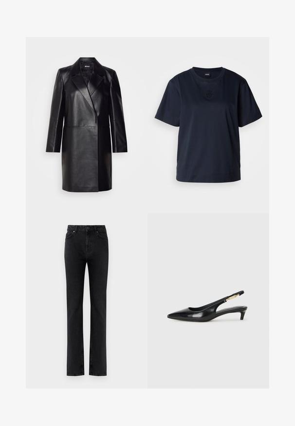 Blazer de cuero negro con solapa muesca, cierre de un solo botón y mangas largas. Presenta una textura suave y un ajuste entallado.; Camiseta de manga corta azul marino hecha de algodón suave. Presenta un cuello redondeado y un sutil logo bordado en el pecho.; Jeans negros de cintura alta y pierna recta con bolsillos frontales, pasadores para cinturón, cierre de botón y cremallera, sobre un fondo blanco.; Tacones negros de piel sintética tipo slingback con punta afilada, que cuentan con un tacón delgado y un detalle en tono dorado en la correa ajustable. Textura suave.
