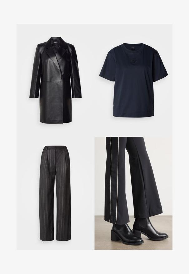 Schwarze Lederblazer mit Reverskragen, einer einzigen Knopfverschluss und langen Ärmeln. Bietet eine glatte Textur und eine taillierte Passform.; Marineblaues T-Shirt mit kurzen Ärmeln aus weicher Baumwolle. Hat einen runden Halsausschnitt und ein dezentes gesticktes Logo auf der Brust.; Schwarze gestreifte Hose mit weitem Schnitt, gefaltetem Vorderteil und glatter Textur. Verfügt über einen Taillenbund und keine sichtbaren Taschen.; Schwarze Lederstiefeletten mit einem Blockabsatz, ausgestattet mit elastischen seitlichen Einsätzen. Kombiniert mit schwarzen Hosen, die einen weißen Seitenstreifen haben.