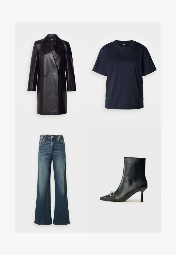 Mustmustnahkblazer, millel on klappkrae, ühe nupuga kinnitamine ja pikad varrukad. Omab siledat tekstuuri ja kohandatud lõiget.; Tumesinine lühikeste varrukatega T-särk, mis on valmistatud pehmest puuvillast. Omab ümmargust kaelust ja diskreetset tikandiga logo rinna piirkonnas.; Tumesinised laienevad teksad, mis on valmistatud denimist, omavad klassikalist viie tasku disaini, vaskset riistvara ning peent tuhmumist esiküljel.; Must mustanvärvi nahast pahklinetopp, millel on terav nina, peen keskmise kõrgusega konts ja hõbedane keha detail külgedel, taustal lihtne taust.