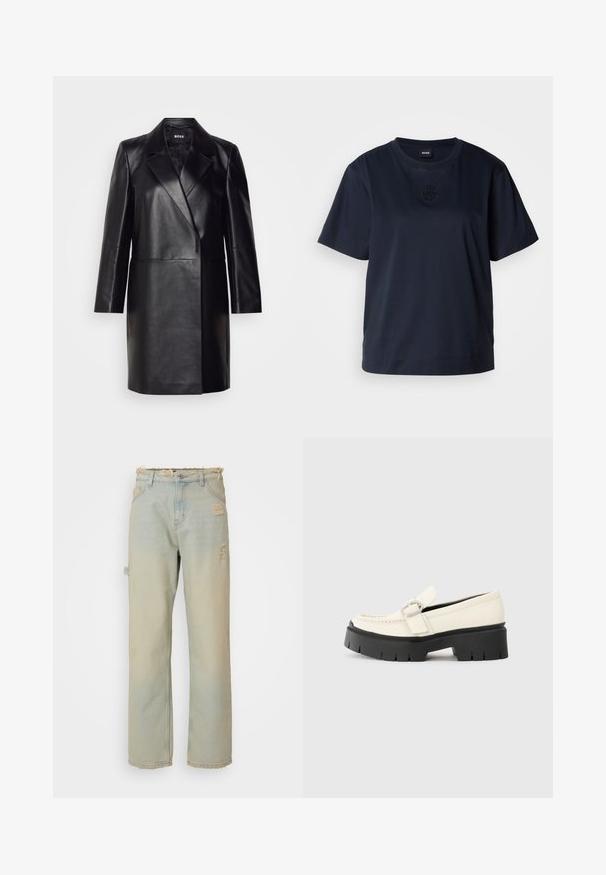 Črna usnjena blazerjakna z izrezanim ovratnikom, zapiranjem na en gumb in dolgimi rokavi. Ima gladko teksturo in prilegajoč kroj.; Temno modra kratka majica s kratkimi rokavi, izdelana iz mehke bombažne tkanine. Ima okroglo ovratnico in subtilno vezeno logo na prsih.; Oprane svetlo modre kavbojke z visokim pasom, raztrganimi robovi in vidnimi luknjami. Imajo ravno kroj in tradicionalne žepke.; Bela usnjena loafer čevlja z debelim črnim podplatom, ki ima pravokotno srebrno zaponko in vidne šive na zgornjem delu.