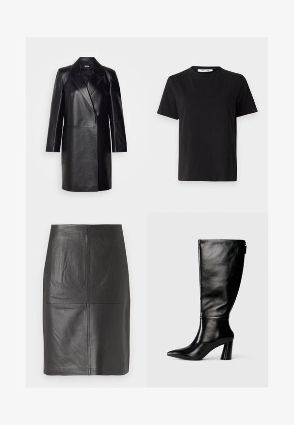 Zwarte leren blazer met een geknopt kraagje, sluiting met één knoop en lange mouwen. Kenmerkt zich door een zachte textuur en een professionele pasvorm.; Zwart T-shirt met korte mouwen, gemaakt van zachte katoen, met een ronde hals, een ontspannen pasvorm en een gladde textuur. Geen zichtbare patronen of opdrukken.; Zwarte leren rok met een gladde textuur, voorzien van verticale naden en een rechte snit. Geen zichtbare hardware of accentdetails.; Zwart leren laars tot de knie met een puntige neus, gladde textuur en een chunky hak. Bevat een ritsdetail aan de achterkant.