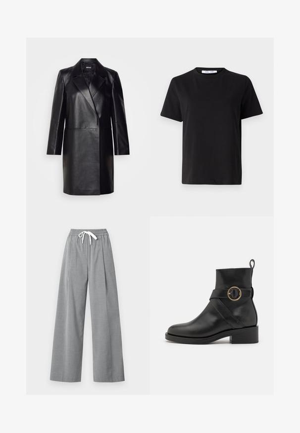 Black leather blazer with a notched collar, single button closure, and long sleeves. Features smooth texture and tailored fit.; Black short-sleeve t-shirt made of soft cotton, featuring a round neckline, relaxed fit, and a smooth texture. No visible patterns or graphics.; Gray wide-leg trousers made of lightweight fabric with a pleated front and an elastic waistband featuring a white drawstring.; BOSS IRYNA BOOTIE - Platform ankle boots - black