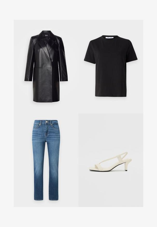 Fekete bőr blézer, hajtott gallérral, egygombos záródással és hosszú ujjal. Simaság jellemzi, és testre szabott fazonú.; Fekete, rövid ujjú póló, puha pamutból készült, kerek nyakkivágással, laza szabással és sima textúrával. Nincs látható minta vagy grafikák.; Közepes kék farmernadrág egyenes szárú fazonnal, gombos záródással, öt zsebbel és világos elhalványulásokkal az anyagon.; Beige színű, blokksarkú szandálok vékony pántokkal és négyzet alakú orral. Simább anyag, minimális részletezéssel, amely könnyű viselésre lett tervezve.