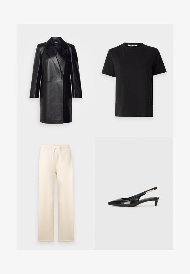 Crna kožna blazer jakna s rebrastim ovratnikom, zatvaranjem na jedan gumb i dugim rukavima. Ima glatku teksturu i kroj prilagođen tijelu.; Crna kratka majica s kratkim rukavima od mekanog pamuka, s okruglim izrezom, opuštenim krojem i glatkom teksturom. Nema vidljivih uzoraka ili grafike.; Svijetlosmeđi dukserice od mekog materijala, s elastičnom trakom u struku i vezicom, širokih nogavica i bez vidljivih uzoraka.; Crne kožne sandale s petom, s izduženim vrhom, imaju usku petu i zlatni akcent na podesivoj traci. Glatka tekstura.