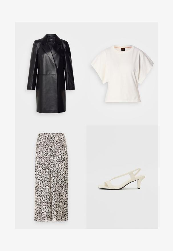 Blazer din piele neagră cu guler decupat, închidere cu un singur nasture și mâneci lungi. Prezintă o textură netedă și o croială ajustată.; Tricou alb scurt, cu mâneci scurte și largi, din bumbac moale, cu decolteu rotund și un finisaj subtil portocaliu, design minimalist, fără modele sau grafice.; Pantaloni largi cu flori, având un fundal negru cu margarete albe și accente roșii, confecționați dintr-un material ușor, cu o textură netedă.; Sandale bej cu toc bloc, cu bretele subțiri și vârf pătrat. Material neted cu detalii minime, concepute pentru a fi ușor de purtat.