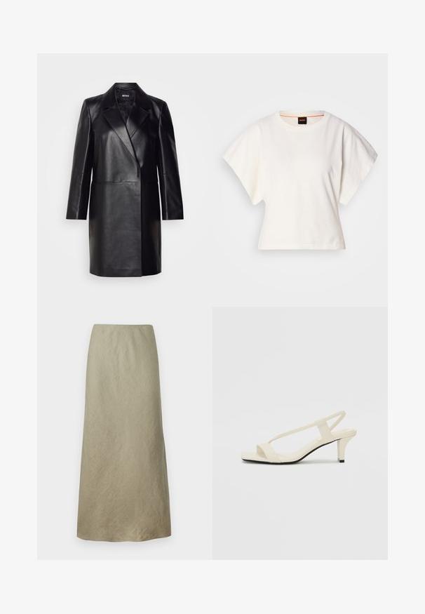 Melna ādas bleizera ar iegriezto apkakli, vienu pogu un garām piedurknēm. Iezīmē gludu tekstūru un piegriezumu, kas pielāgots figūrai.; Balts īsais T-krekls, plašas īsas piedurknes, mīksts kokvilnas materiāls, apaļa kakla izgriezums ar delikātu oranžu apdari, minimāls dizains, bez rakstiem vai grafikām.; Celi garuma A-line svārki no mīksta, olīvzaļa auduma ar maigu struktūru, bez redzamām aizdara detaļām vai rotājumiem.; Beige bloku papēžu sandales ar plānām siksnām un kvadrāta formas purngalu. Gluda materiāla virsma ar minimālām detaļām, paredzētas ērtai nēsāšanai.