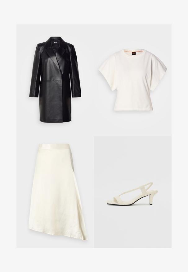 Blazer en cuir noir avec un col cranté, fermeture à un bouton et manches longues. Présente une texture lisse et une coupe ajustée.; T-shirt blanc cintré, manches courtes et larges, en coton doux, décolleté rond avec une discrète bordure orange, design minimaliste, sans motifs ni graphiques.; Une jupe crème, longueur genou, en tissu satin lisse avec un léger éclat. Présente un design en ligne A et une taille froncée pour un ajustement parfait.; Sandales beiges à talons carrés avec des fines brides et un bout carré. Matière lisse avec des détails minimaux, conçues pour un port facile.