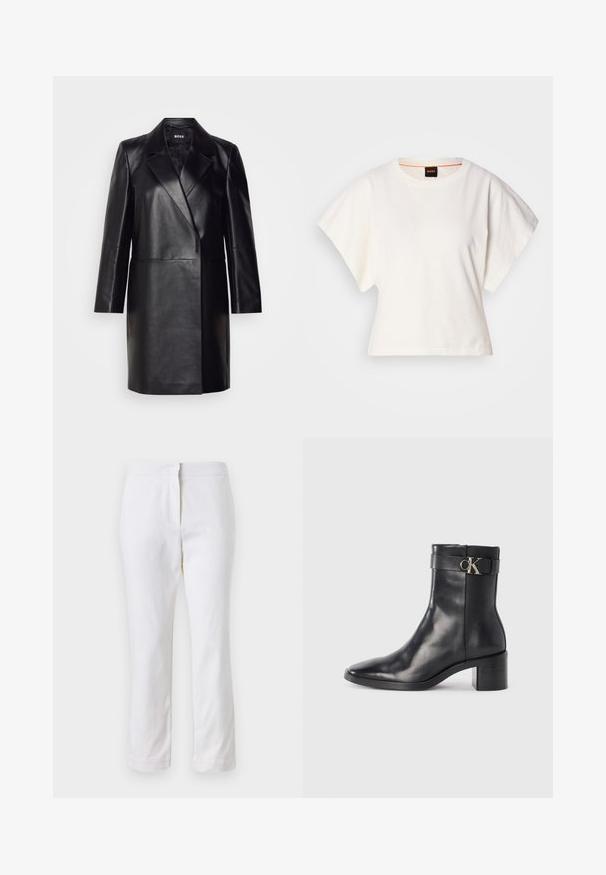 Blazer din piele neagră cu guler decupat, închidere cu un singur nasture și mâneci lungi. Prezintă o textură netedă și o croială ajustată.; Tricou alb scurt, cu mâneci scurte și largi, din bumbac moale, cu decolteu rotund și un finisaj subtil portocaliu, design minimalist, fără modele sau grafice.; Pantaloni din bumbac alb, cu un design drept, având talie medie și fără hardware sau modele vizibile. Textură uniformă pe întreaga suprafață.; Botine negre din piele, cu vârful ascuțit, toc bloc și o curea cu detaliu metalic al logo-ului. Textură netedă și design minimalist.
