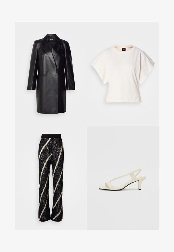 Zwarte leren blazer met een geknopt kraagje, sluiting met één knoop en lange mouwen. Kenmerkt zich door een zachte textuur en een professionele pasvorm.; Witte gecropte T-shirt, korte brede mouwen, zachte katoenmaterialen, ronde halslijn met subtiele oranje rand, minimalistisch ontwerp, geen patronen of graphics.; Zwarte gebreide broek met een wijd gesneden ontwerp, voorzien van gedurfde, diagonale witte strepen. Elastische tailleband en gestructureerde stof.; Beige blockhak sandalen met dunne bandjes en een vierkante neus. Glad materiaal met minimale details, ontworpen voor eenvoudig dragen.
