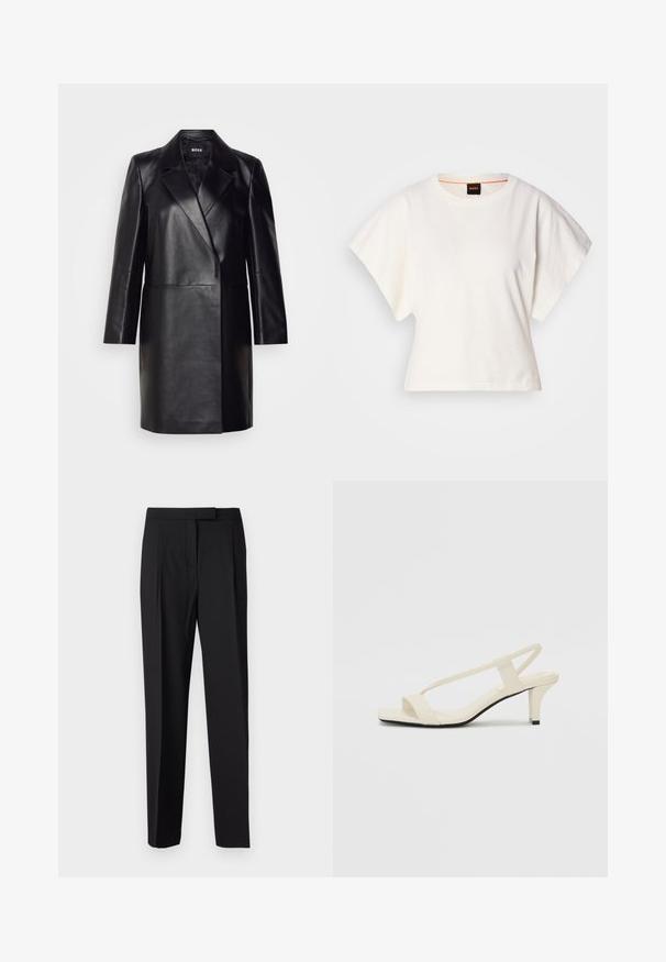 Giacca in pelle nera con colletto a revers, chiusura con un solo bottone e maniche lunghe. Presenta una texture liscia e una vestibilità sartoriale.; T-shirt bianca cropped, maniche corte e larghe, tessuto di cotone morbido, scollatura rotonda con bordino arancione sottile, design minimale, senza motivi o grafiche.; Pantaloni neri su misura realizzati in tessuto liscio, con un design a gamba dritta, tasche laterali e una chiusura discreta a gancio e barra in vita.; Sandali con tacco a blocco beige, con sottili cinturini e punta quadrata. Materiale liscio con dettagli minimi, progettati per un facile utilizzo.