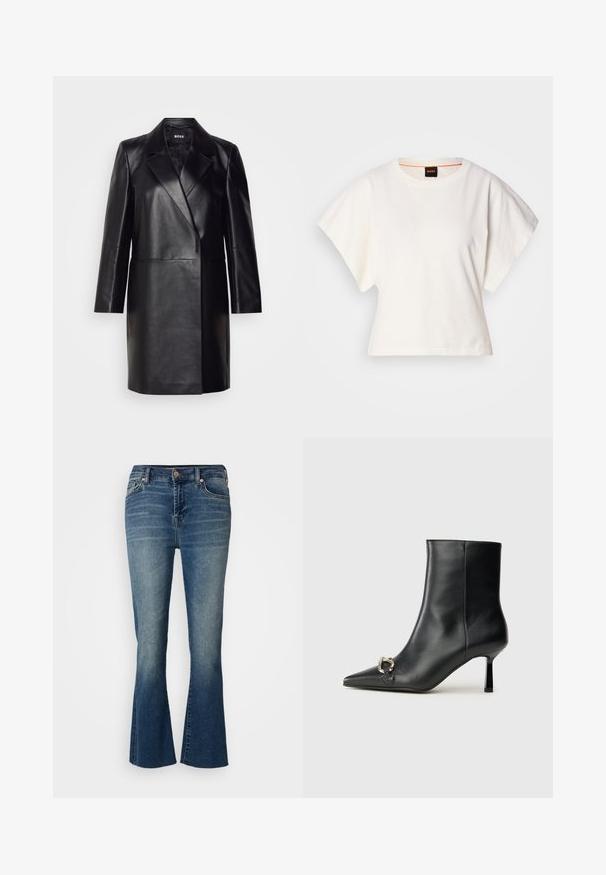 Svart läderblazer med snedskuren krage, enkel knappstängning och långa ärmar. Har en mjuk текстur och skräddarsydd passform.; Vit kortärmad T-shirt, korta vida ärmar, mjukt bomullsmaterial, rund halsringning med subtila orange detaljer, minimal design, inga mönster eller grafik.; Jeans i denim med utsvängda ben i en medelblå tvättning, med hög midja, femfickorsdesign och subtilt slitningar framtill.; Svart läderankelboot med spetsig tå, smal medelhög klack och silverfärgad spänndetalj på sidan mot en enfärgad bakgrund.